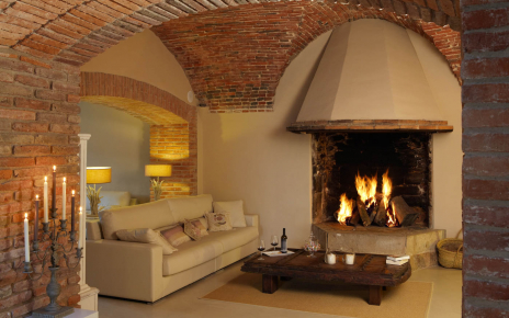 Living area with open fireplace